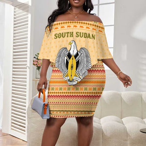 South Sudan Christmas Off Shoulder Short Dress Beige Tribal Pattern, National Emblem, and Green Star Motif - African Pride