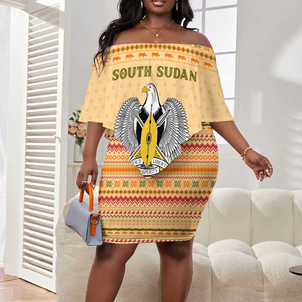 South Sudan Christmas Off Shoulder Short Dress Beige Tribal Pattern, National Emblem, and Green Star Motif - African Pride