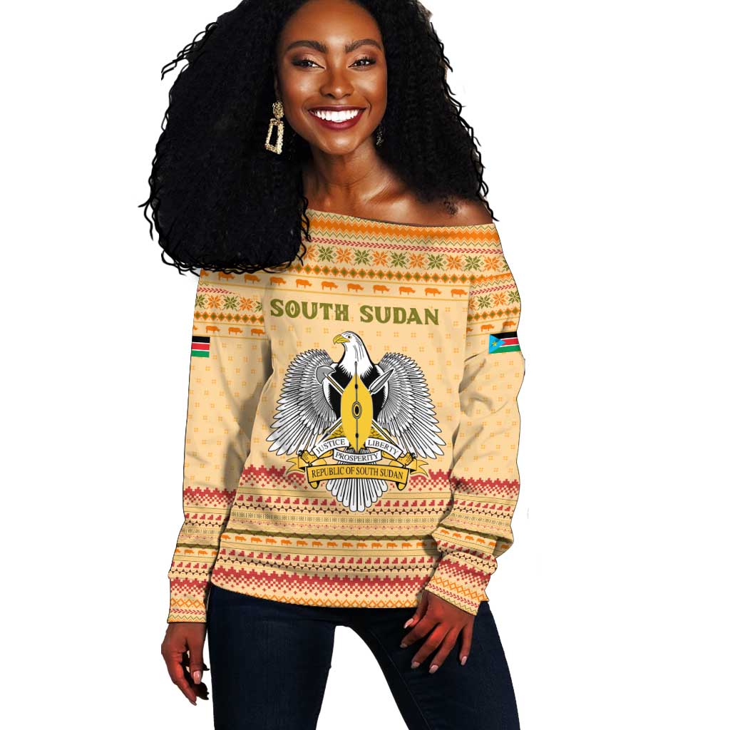 South Sudan Christmas Off Shoulder Sweater Beige Tribal Pattern, National Emblem, and Green Star Motif - African Pride