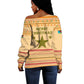 South Sudan Christmas Off Shoulder Sweater Beige Tribal Pattern, National Emblem, and Green Star Motif - African Pride