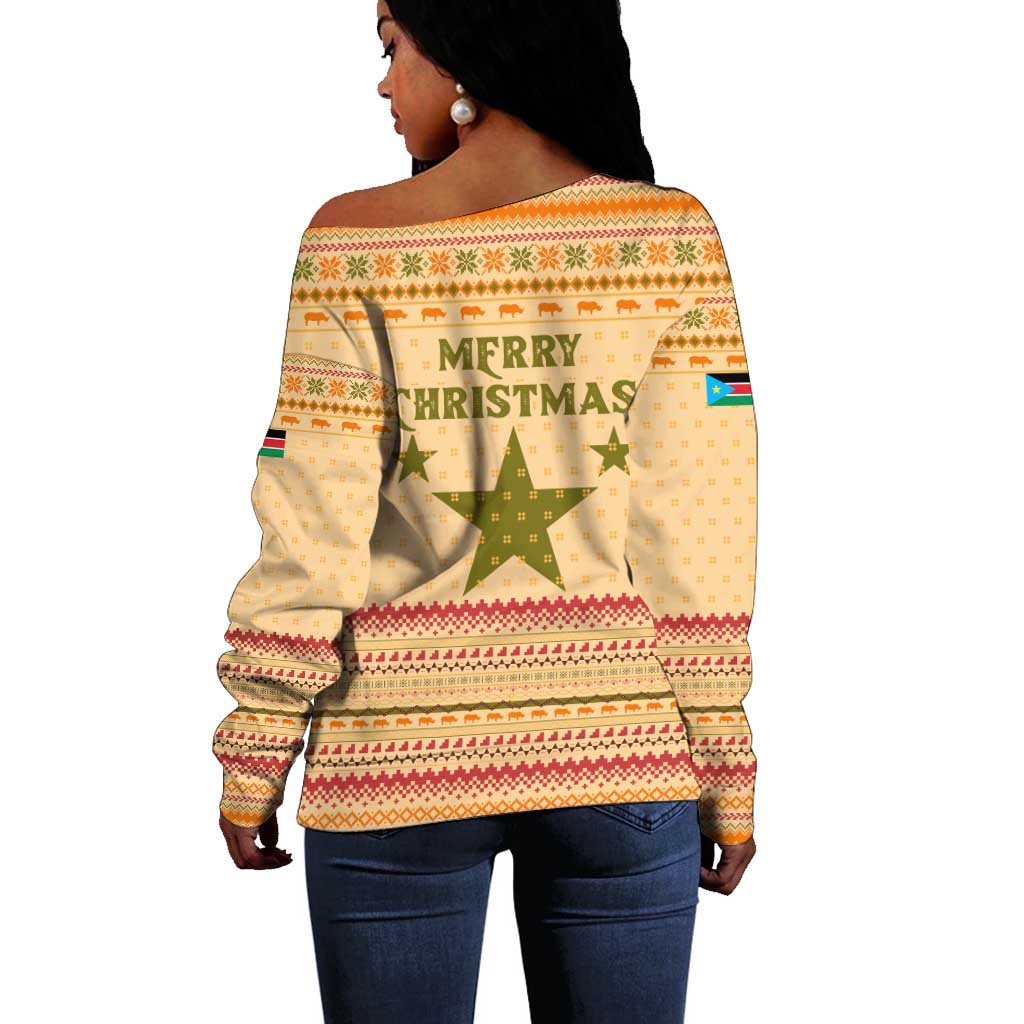 South Sudan Christmas Off Shoulder Sweater Beige Tribal Pattern, National Emblem, and Green Star Motif - African Pride