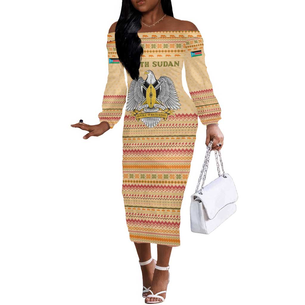 South Sudan Christmas Off The Shoulder Long Sleeve Dress Beige Tribal Pattern, National Emblem, and Green Star Motif - African Pride
