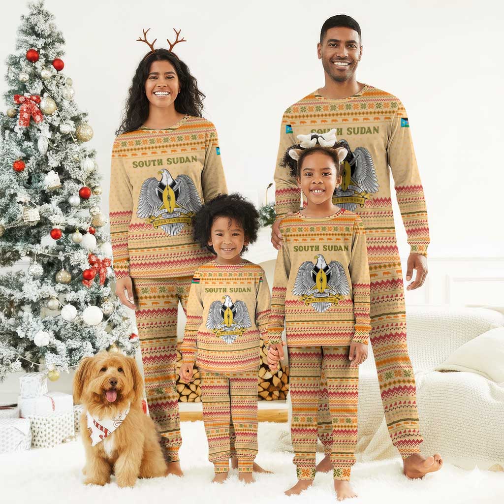 South Sudan Christmas Pajama Set Beige Tribal Pattern, National Emblem, and Green Star Motif - African Pride