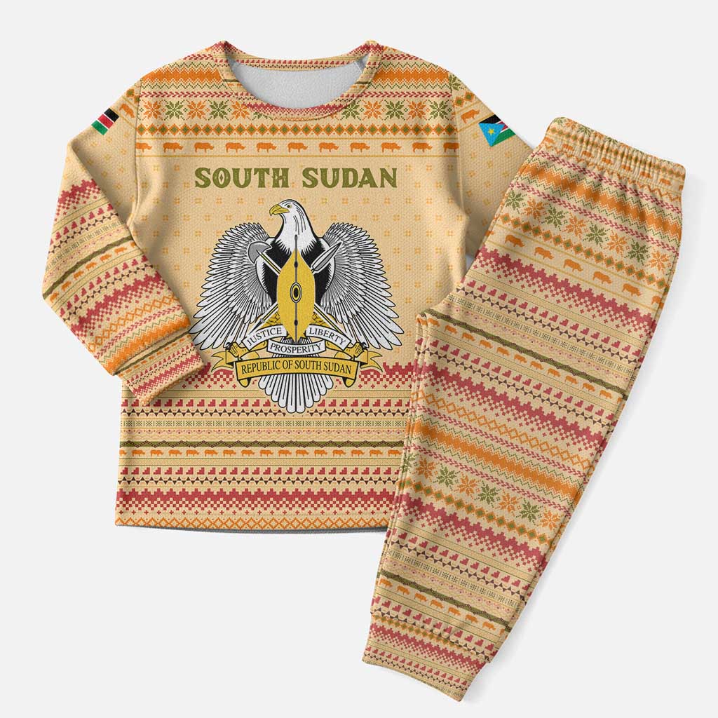 South Sudan Christmas Pajama Set Beige Tribal Pattern, National Emblem, and Green Star Motif - African Pride