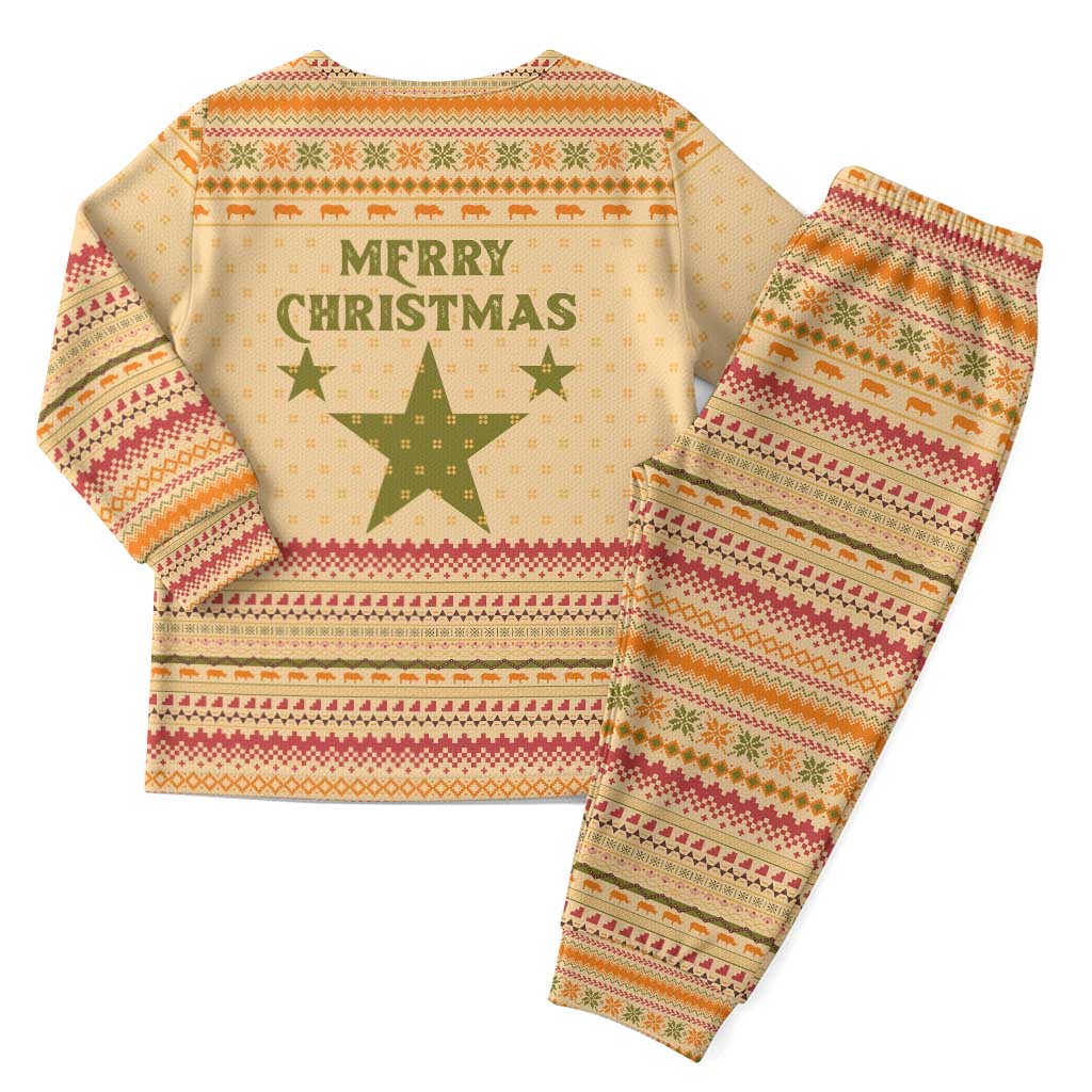 South Sudan Christmas Pajama Set Beige Tribal Pattern, National Emblem, and Green Star Motif - African Pride
