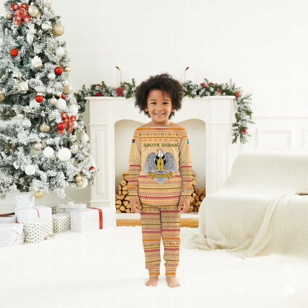 South Sudan Christmas Pajama Set Beige Tribal Pattern, National Emblem, and Green Star Motif - African Pride