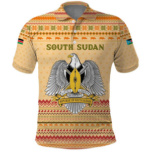 South Sudan Christmas Polo Shirt Beige Tribal Pattern, National Emblem, and Green Star Motif - African Pride