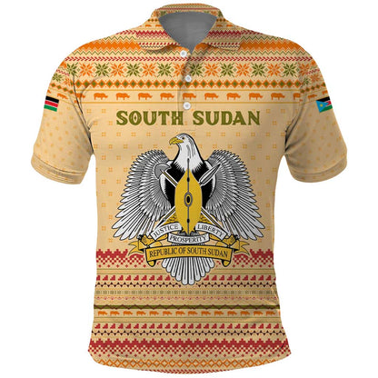 South Sudan Christmas Polo Shirt Beige Tribal Pattern, National Emblem, and Green Star Motif - African Pride