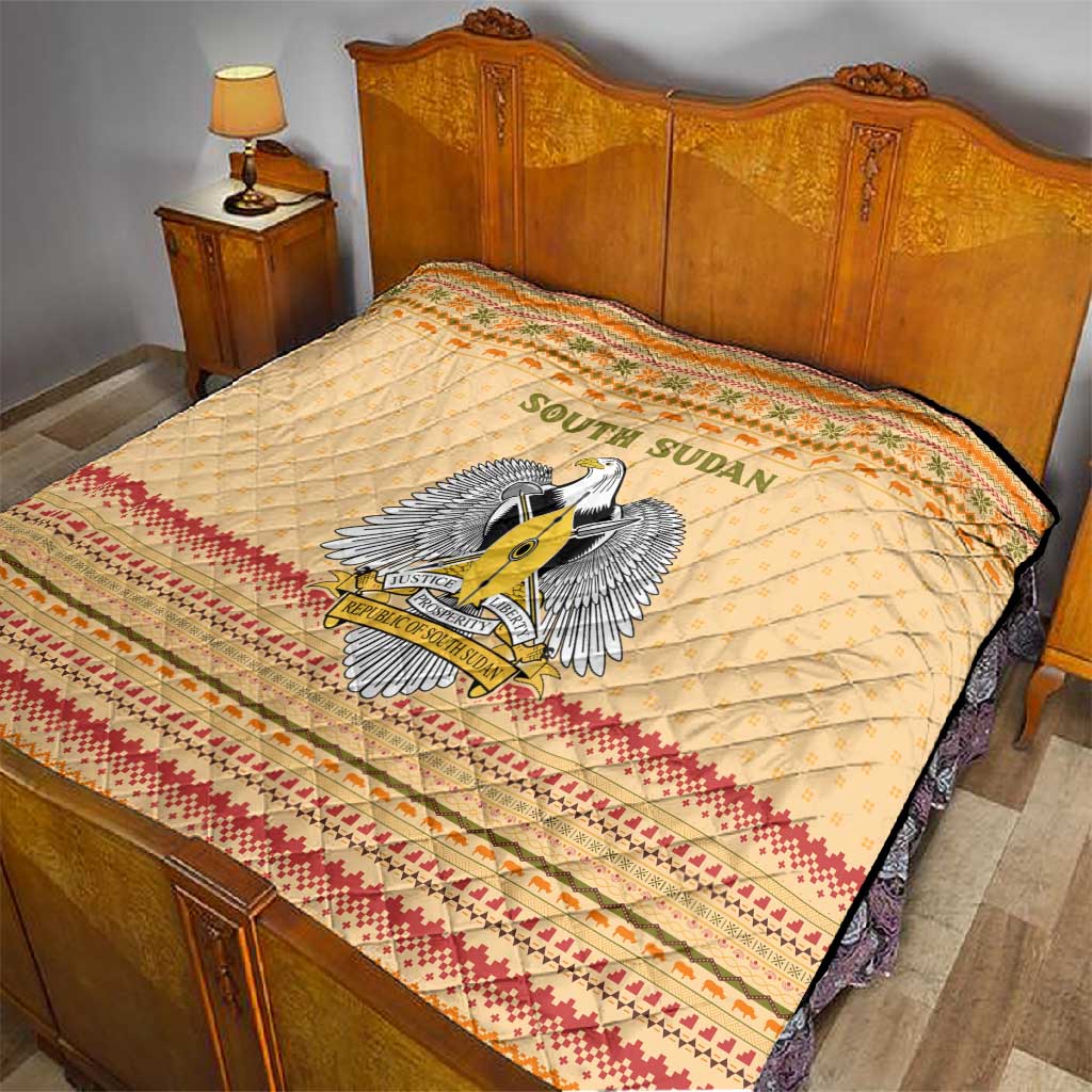 South Sudan Christmas Quilt Beige Tribal Pattern, National Emblem, and Green Star Motif - African Pride