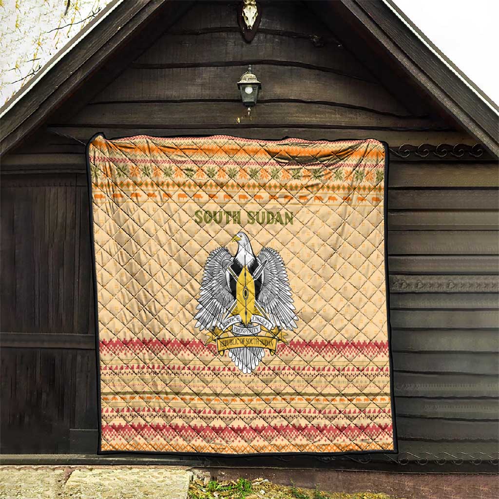 South Sudan Christmas Quilt Beige Tribal Pattern, National Emblem, and Green Star Motif - African Pride