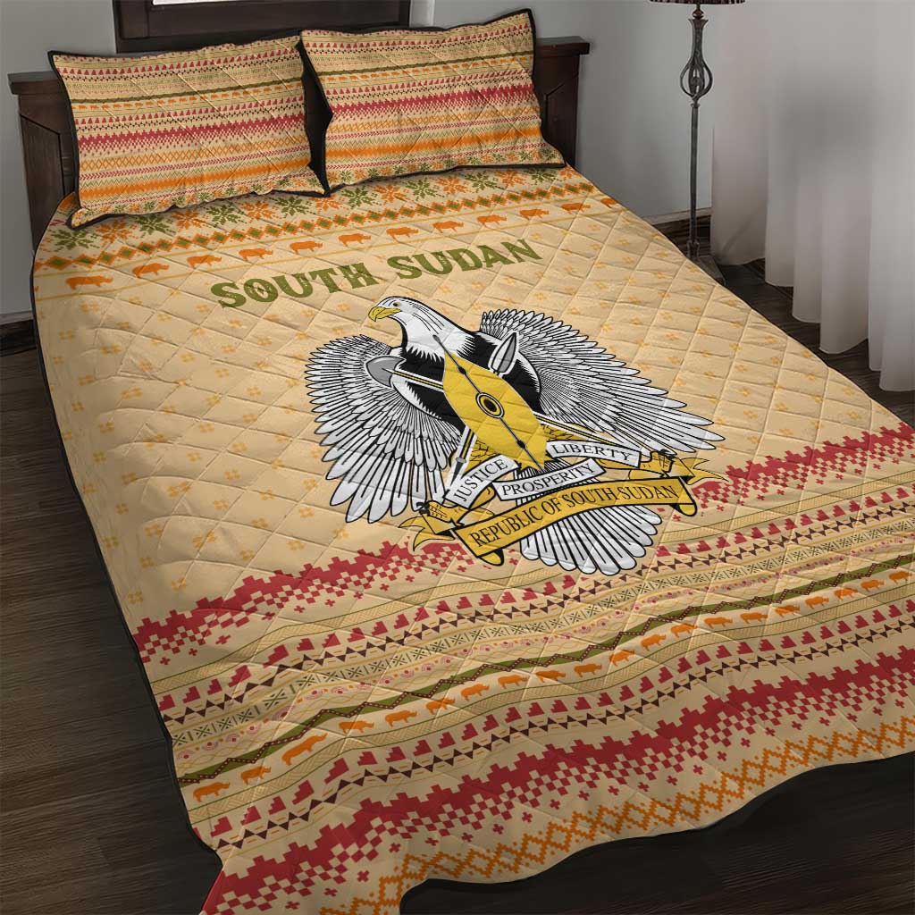 South Sudan Christmas Quilt Bed Set Beige Tribal Pattern, National Emblem, and Green Star Motif - African Pride
