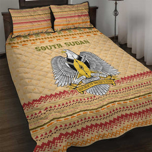 South Sudan Christmas Quilt Bed Set Beige Tribal Pattern, National Emblem, and Green Star Motif - African Pride