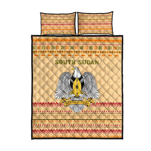 South Sudan Christmas Quilt Bed Set Beige Tribal Pattern, National Emblem, and Green Star Motif - African Pride
