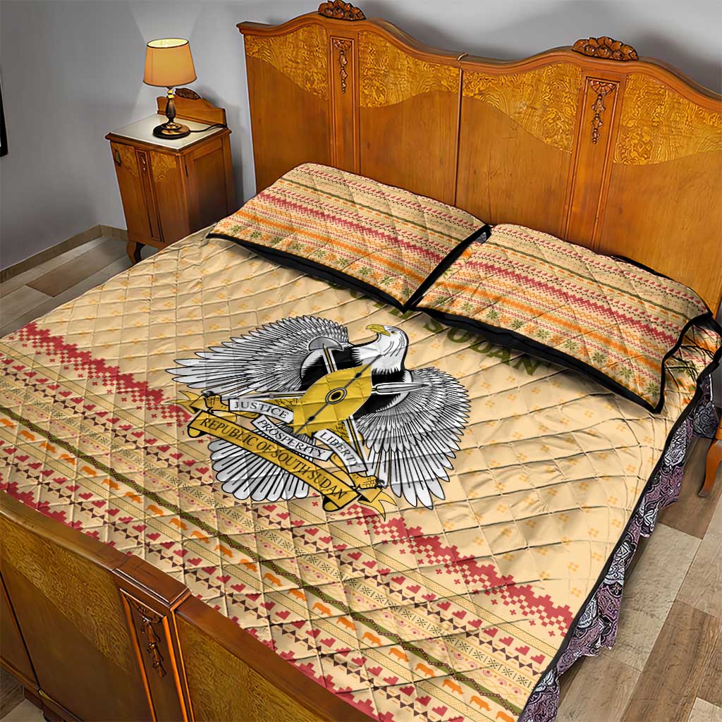 South Sudan Christmas Quilt Bed Set Beige Tribal Pattern, National Emblem, and Green Star Motif - African Pride