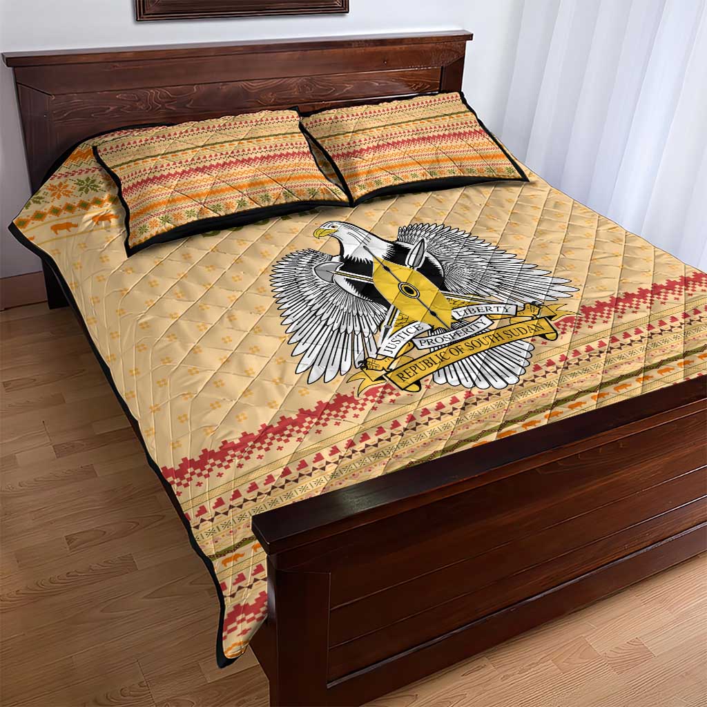 South Sudan Christmas Quilt Bed Set Beige Tribal Pattern, National Emblem, and Green Star Motif - African Pride