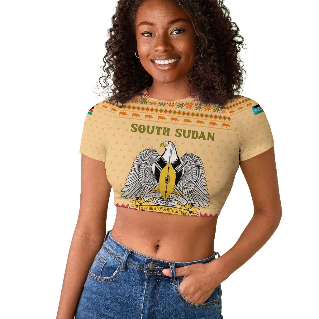 South Sudan Christmas Raglan Cropped T shirt Beige Tribal Pattern, National Emblem, and Green Star Motif - African Pride