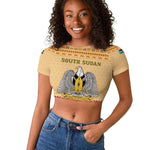 South Sudan Christmas Raglan Cropped T shirt Beige Tribal Pattern, National Emblem, and Green Star Motif - African Pride