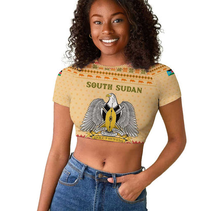 South Sudan Christmas Raglan Cropped T shirt Beige Tribal Pattern, National Emblem, and Green Star Motif - African Pride