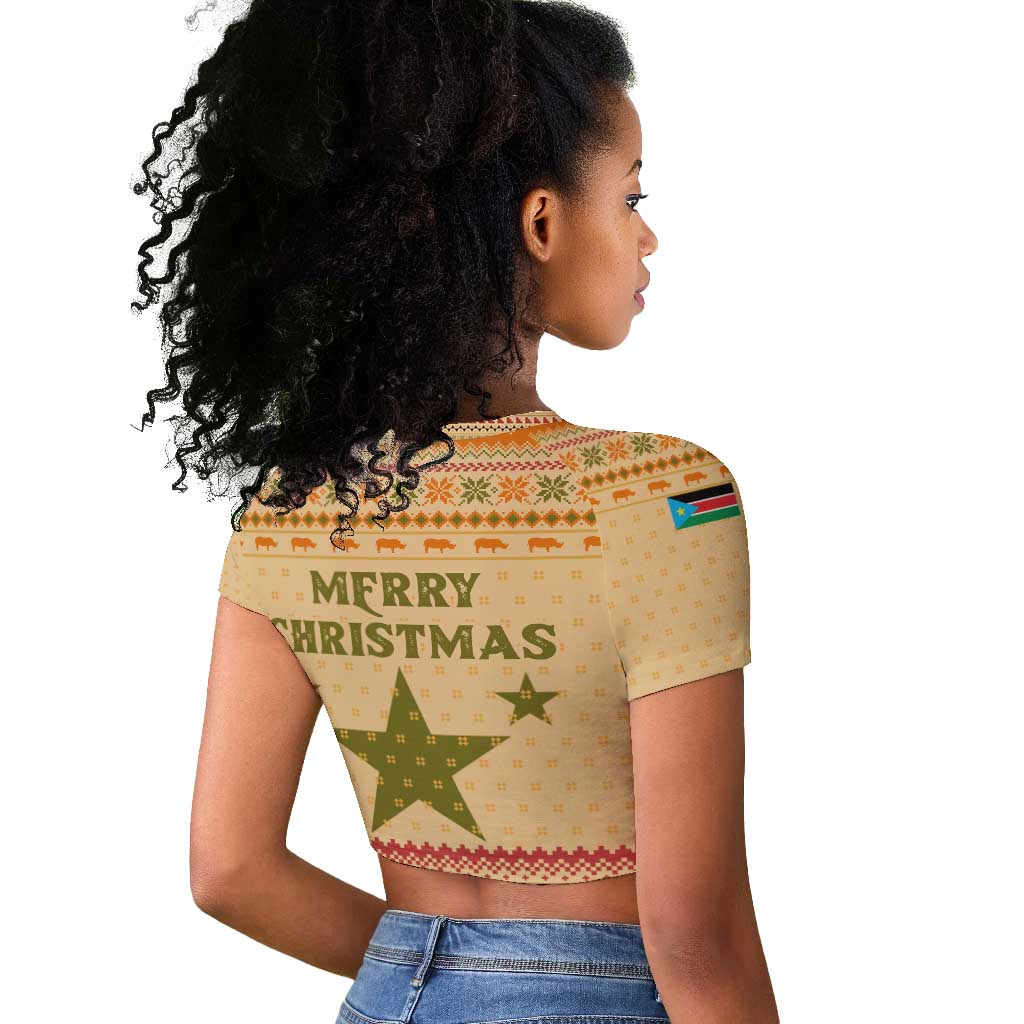 South Sudan Christmas Raglan Cropped T shirt Beige Tribal Pattern, National Emblem, and Green Star Motif - African Pride