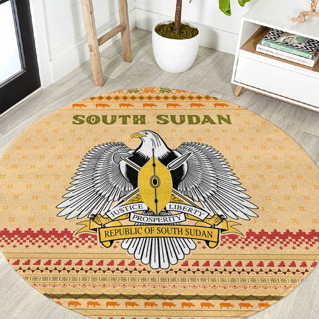 South Sudan Christmas Round Carpet Beige Tribal Pattern, National Emblem, and Green Star Motif - African Pride