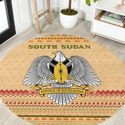 South Sudan Christmas Round Carpet Beige Tribal Pattern, National Emblem, and Green Star Motif - African Pride