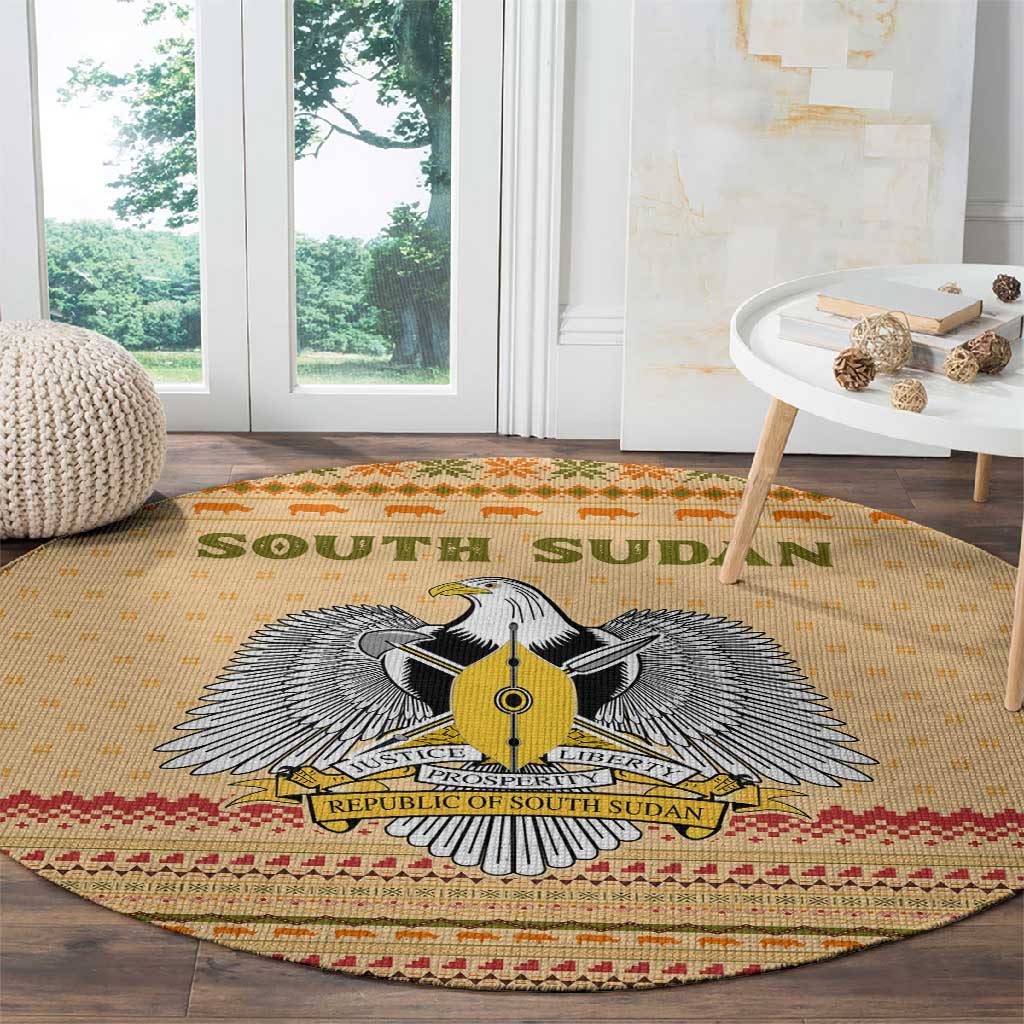 South Sudan Christmas Round Carpet Beige Tribal Pattern, National Emblem, and Green Star Motif - African Pride