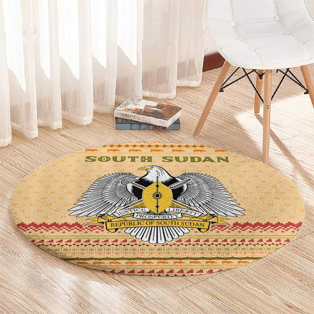 South Sudan Christmas Round Carpet Beige Tribal Pattern, National Emblem, and Green Star Motif - African Pride