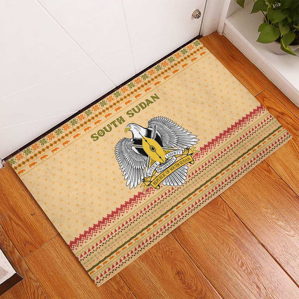 South Sudan Christmas Rubber Doormat Beige Tribal Pattern, National Emblem, and Green Star Motif - African Pride