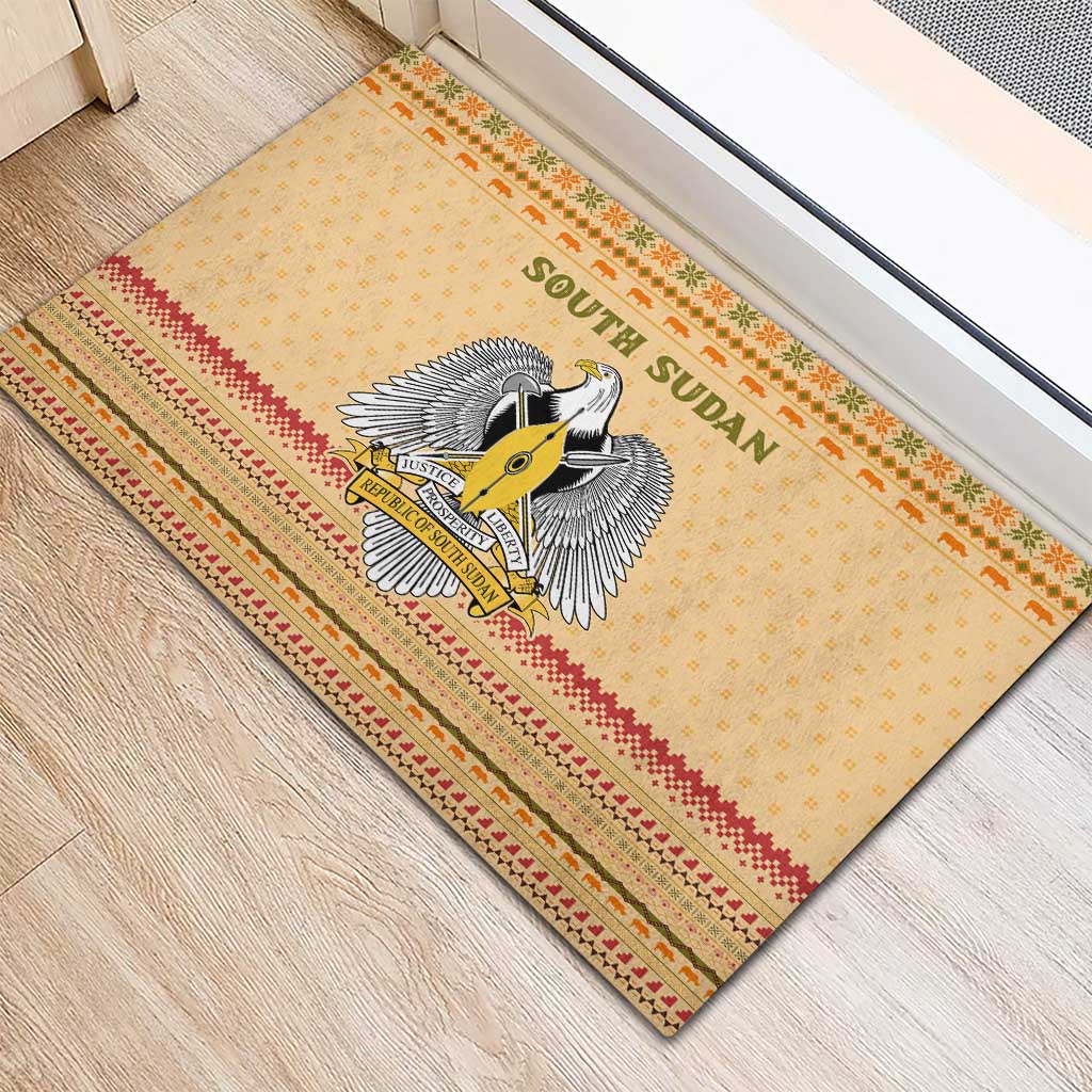 South Sudan Christmas Rubber Doormat Beige Tribal Pattern, National Emblem, and Green Star Motif - African Pride