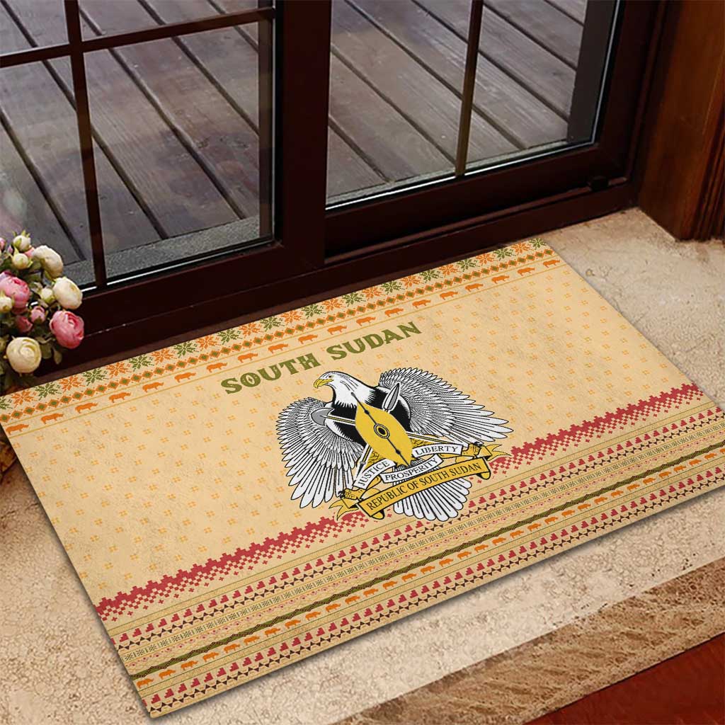 South Sudan Christmas Rubber Doormat Beige Tribal Pattern, National Emblem, and Green Star Motif - African Pride