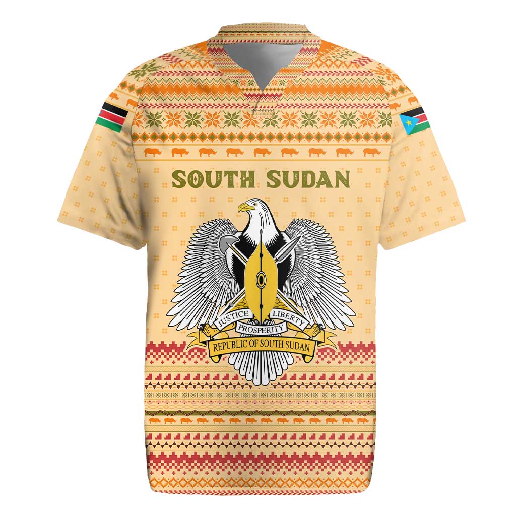 South Sudan Christmas Rugby Jersey Beige Tribal Pattern, National Emblem, and Green Star Motif - African Pride