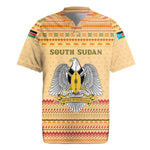 South Sudan Christmas Rugby Jersey Beige Tribal Pattern, National Emblem, and Green Star Motif - African Pride