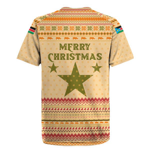 South Sudan Christmas Rugby Jersey Beige Tribal Pattern, National Emblem, and Green Star Motif - African Pride
