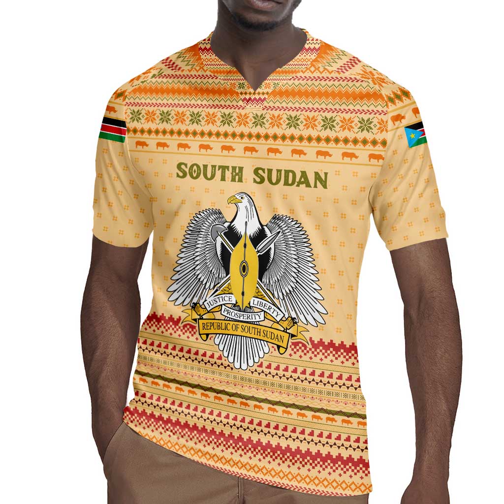 South Sudan Christmas Rugby Jersey Beige Tribal Pattern, National Emblem, and Green Star Motif - African Pride