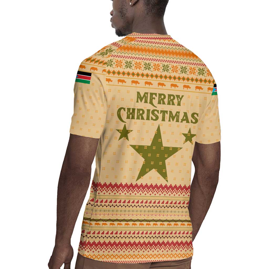South Sudan Christmas Rugby Jersey Beige Tribal Pattern, National Emblem, and Green Star Motif - African Pride