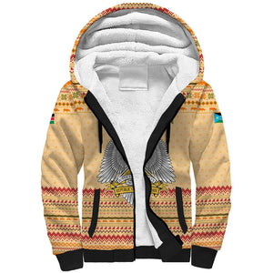 South Sudan Christmas Sherpa Hoodie Beige Tribal Pattern, National Emblem, and Green Star Motif - African Pride