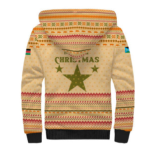 South Sudan Christmas Sherpa Hoodie Beige Tribal Pattern, National Emblem, and Green Star Motif - African Pride