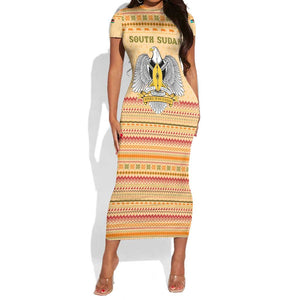 South Sudan Christmas Short Sleeve Bodycon Dress Beige Tribal Pattern, National Emblem, and Green Star Motif - African Pride
