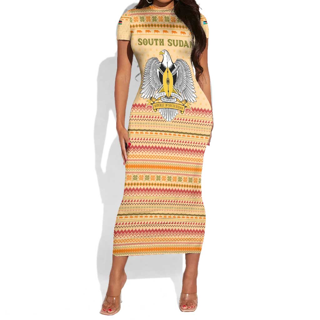 South Sudan Christmas Short Sleeve Bodycon Dress Beige Tribal Pattern, National Emblem, and Green Star Motif - African Pride