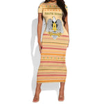 South Sudan Christmas Short Sleeve Bodycon Dress Beige Tribal Pattern, National Emblem, and Green Star Motif - African Pride