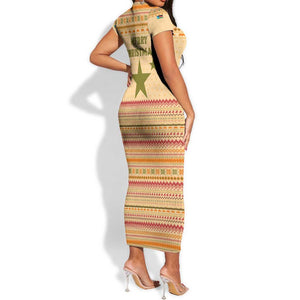 South Sudan Christmas Short Sleeve Bodycon Dress Beige Tribal Pattern, National Emblem, and Green Star Motif - African Pride