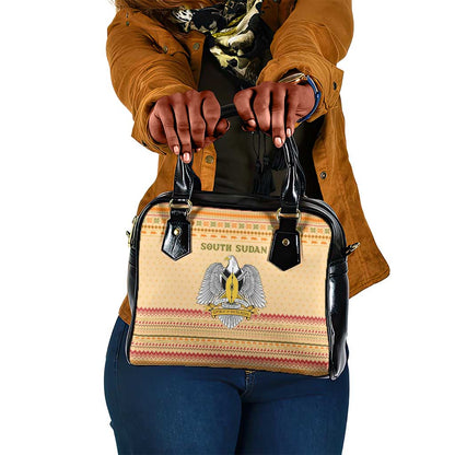 South Sudan Christmas Shoulder Handbag Beige Tribal Pattern, National Emblem, and Green Star Motif - African Pride
