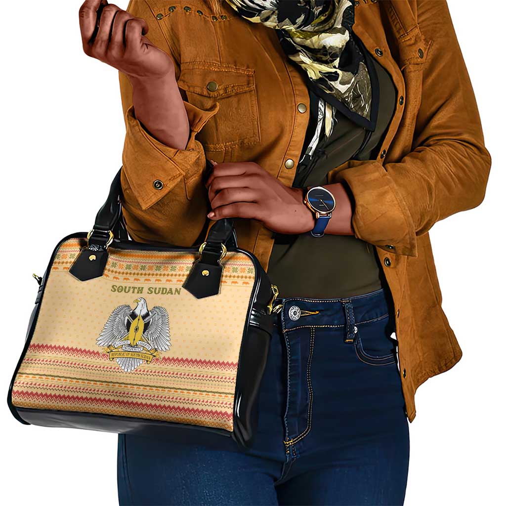 South Sudan Christmas Shoulder Handbag Beige Tribal Pattern, National Emblem, and Green Star Motif - African Pride