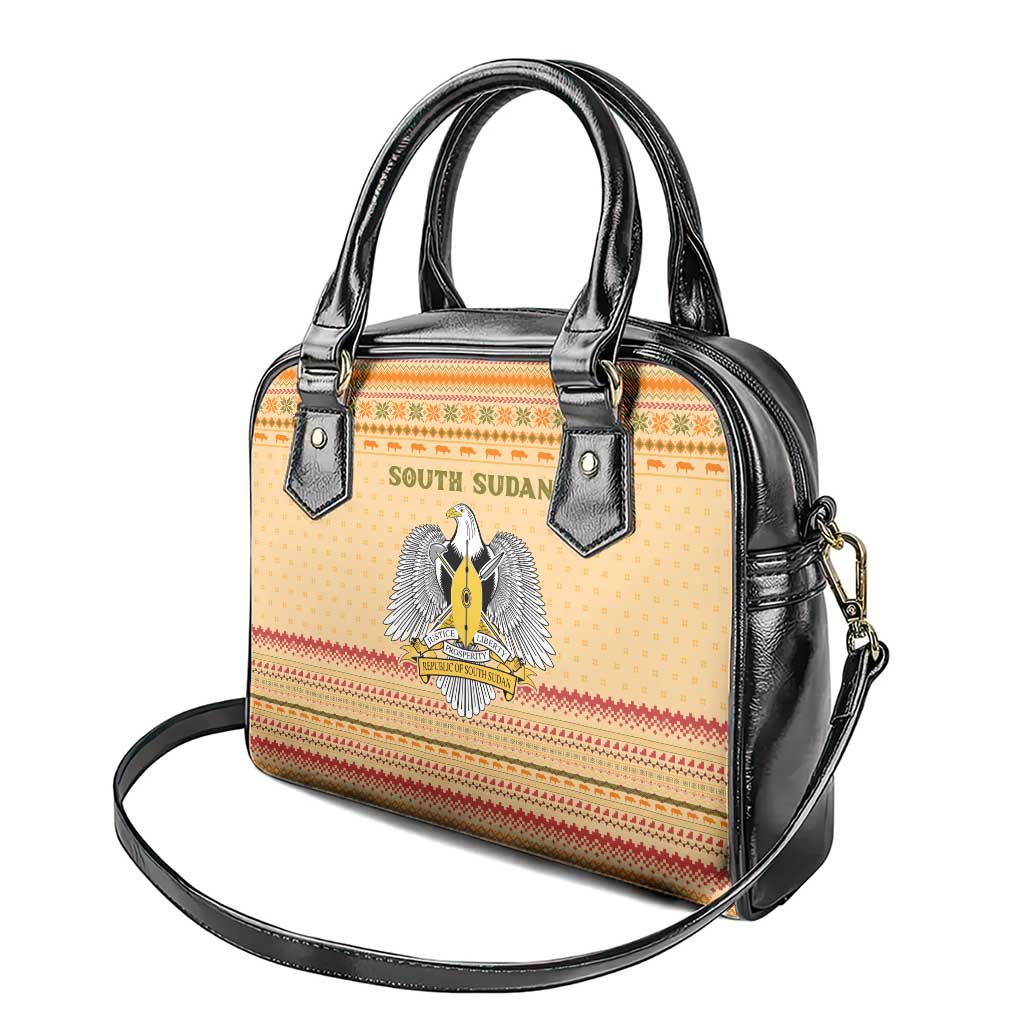 South Sudan Christmas Shoulder Handbag Beige Tribal Pattern, National Emblem, and Green Star Motif - African Pride
