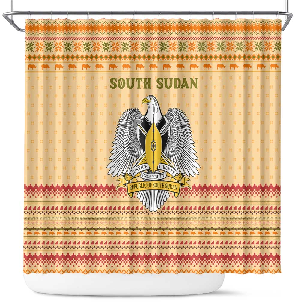 South Sudan Christmas Shower Curtain Beige Tribal Pattern, National Emblem, and Green Star Motif - African Pride