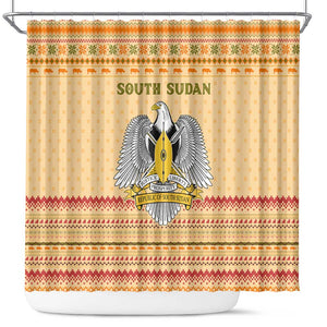South Sudan Christmas Shower Curtain Beige Tribal Pattern, National Emblem, and Green Star Motif - African Pride