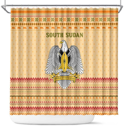 South Sudan Christmas Shower Curtain Beige Tribal Pattern, National Emblem, and Green Star Motif - African Pride