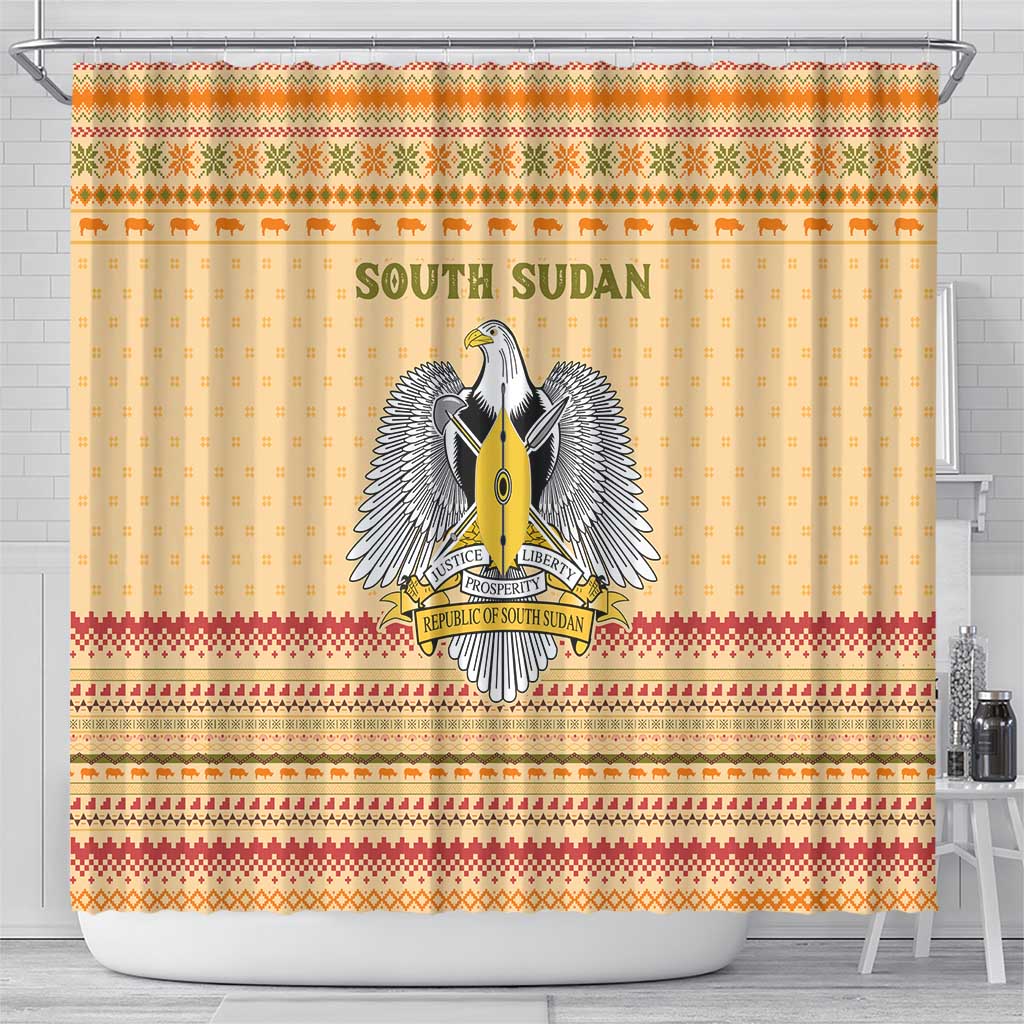 South Sudan Christmas Shower Curtain Beige Tribal Pattern, National Emblem, and Green Star Motif - African Pride