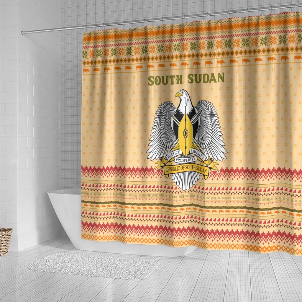 South Sudan Christmas Shower Curtain Beige Tribal Pattern, National Emblem, and Green Star Motif - African Pride