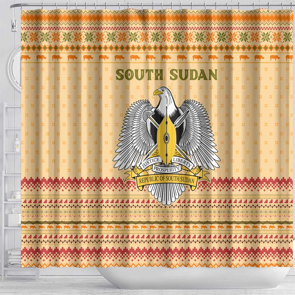 South Sudan Christmas Shower Curtain Beige Tribal Pattern, National Emblem, and Green Star Motif - African Pride